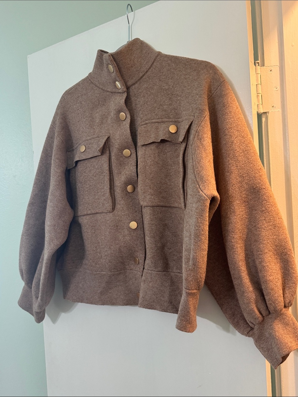 Relaxed Utility Jacket in Brown with Gold Snap Front - Picture 3 of 5